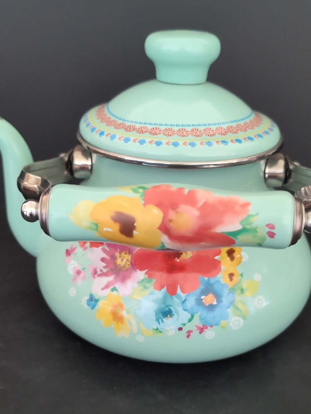 The Pioneer Woman Enamel/Steel Breezy Blossom Turquoise Tea Pot. - Picture 4 of 11